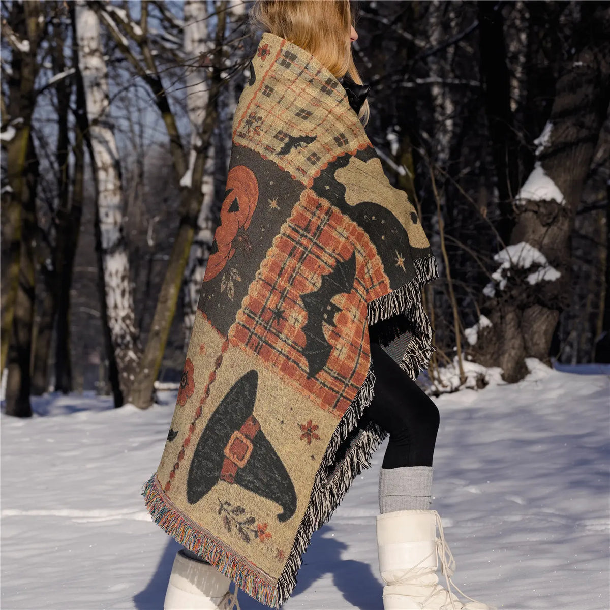 Woven Fringed Blanket with Patchwork Autumn Motifs
