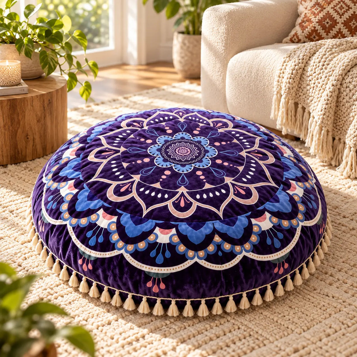 Round Purple Velvet Floor Cushion with Mandala Print