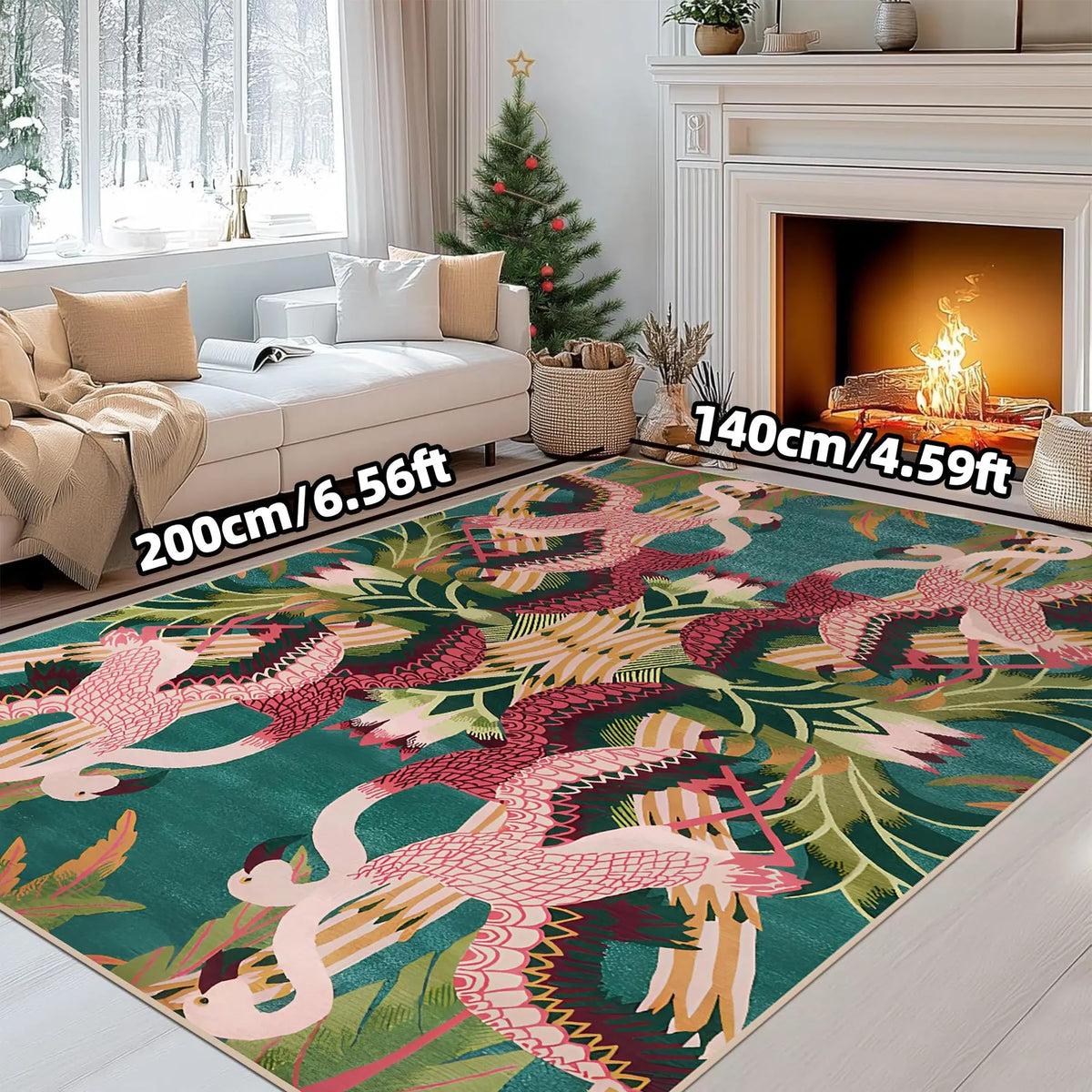 Teal Area Rug with Pink Flamingo and Leaf Pattern