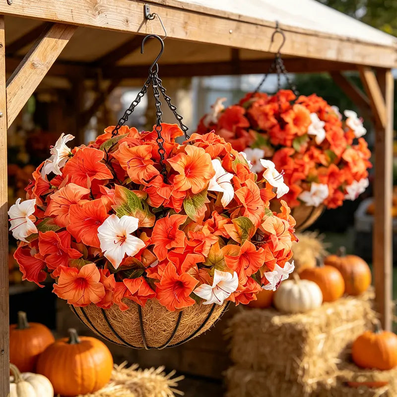 Two Hanging Baskets with Orange Artificial Petunias
