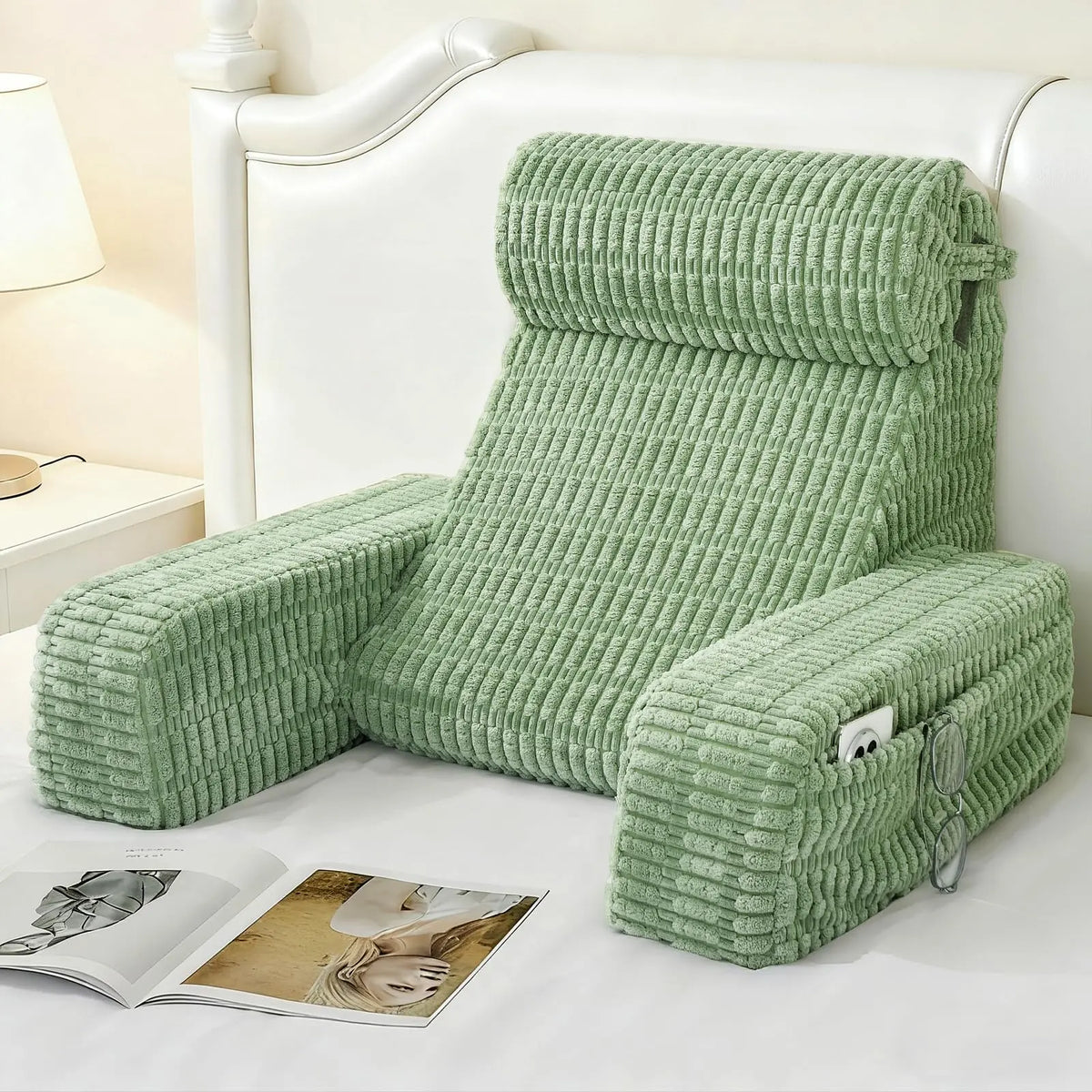 Green Corduroy-Texture Backrest Pillow with Arms