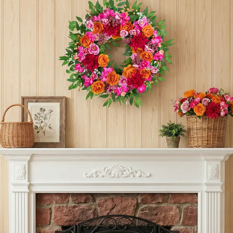 Round Pink and Orange Faux Flower Door Wreath