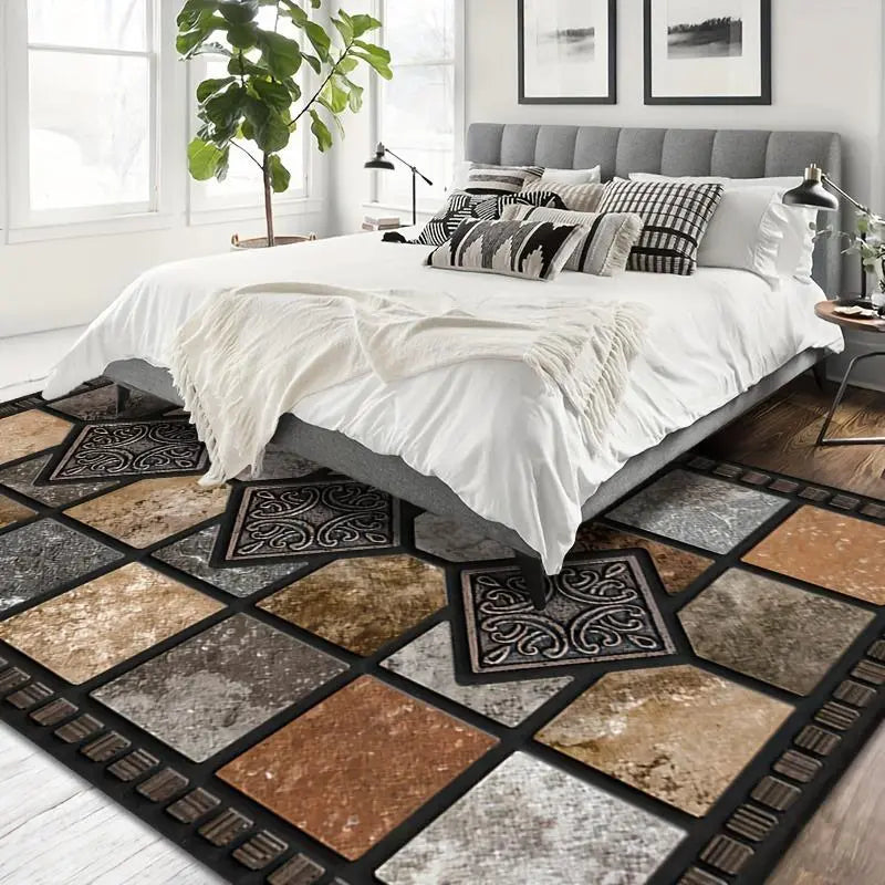 Patchwork Tile Print Area Rug, Black Border