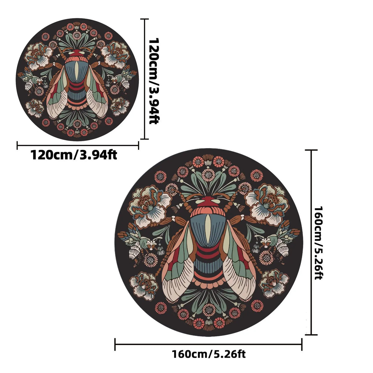 Round Floor Rug with Moth and Floral Design