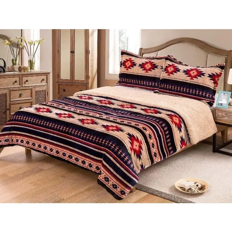 Southwestern Pattern Sherpa-Lined Comforter and Sham Set