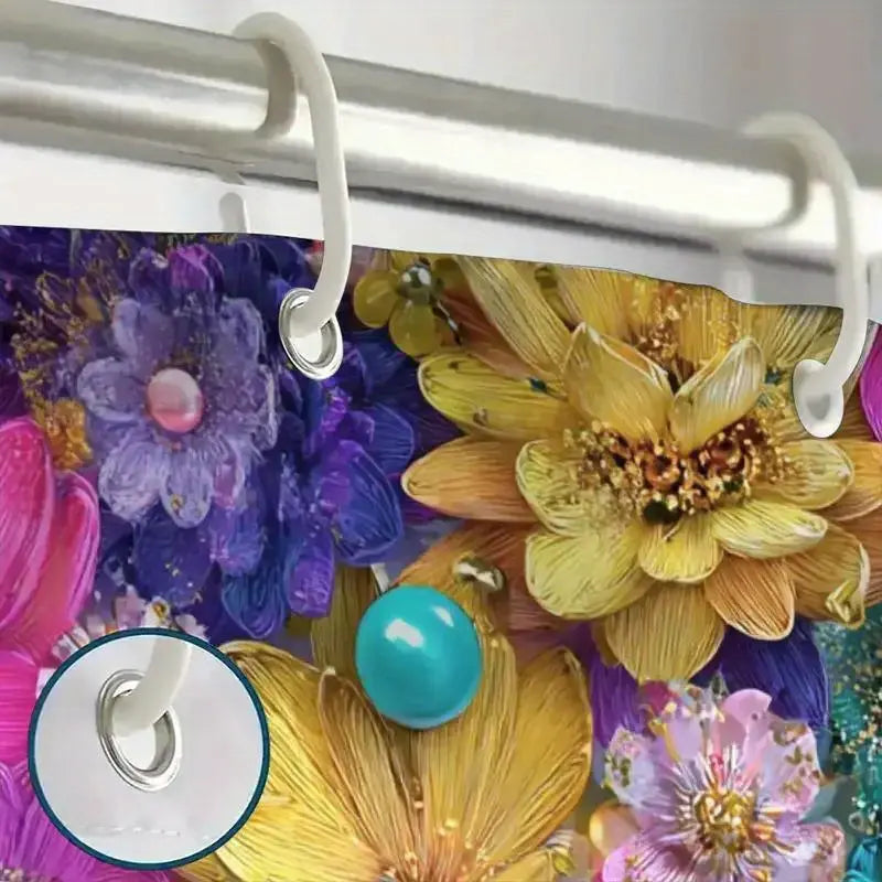 Colourful Floral Fabric Shower Curtain with Hooks