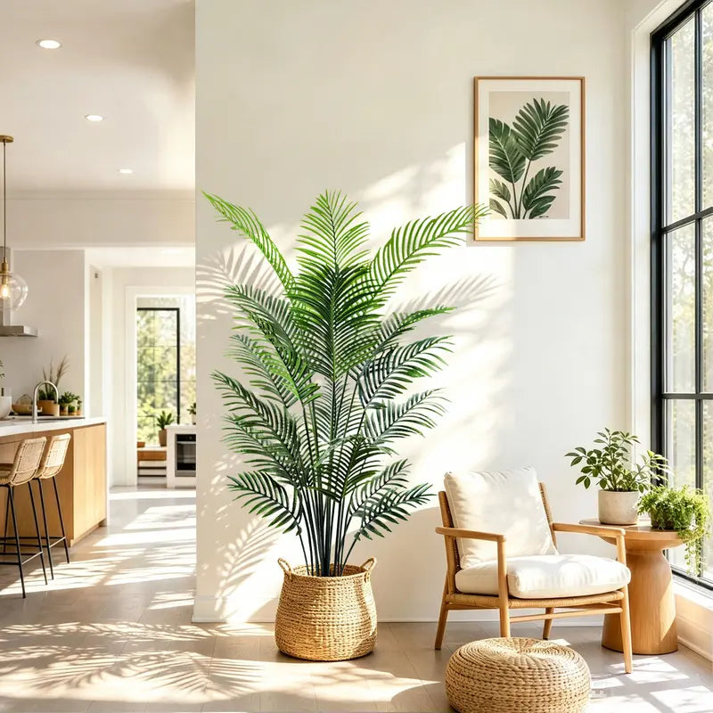 Faux Palm Plant with Long Green Fronds in White Pot