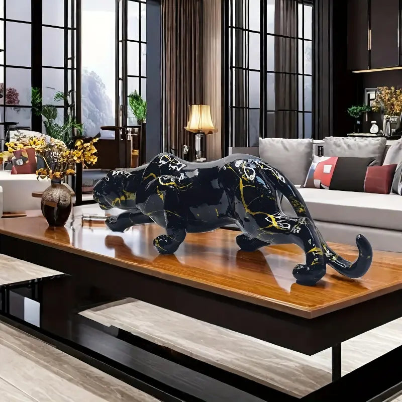 Black Resin Panther Statue With Gold Veining