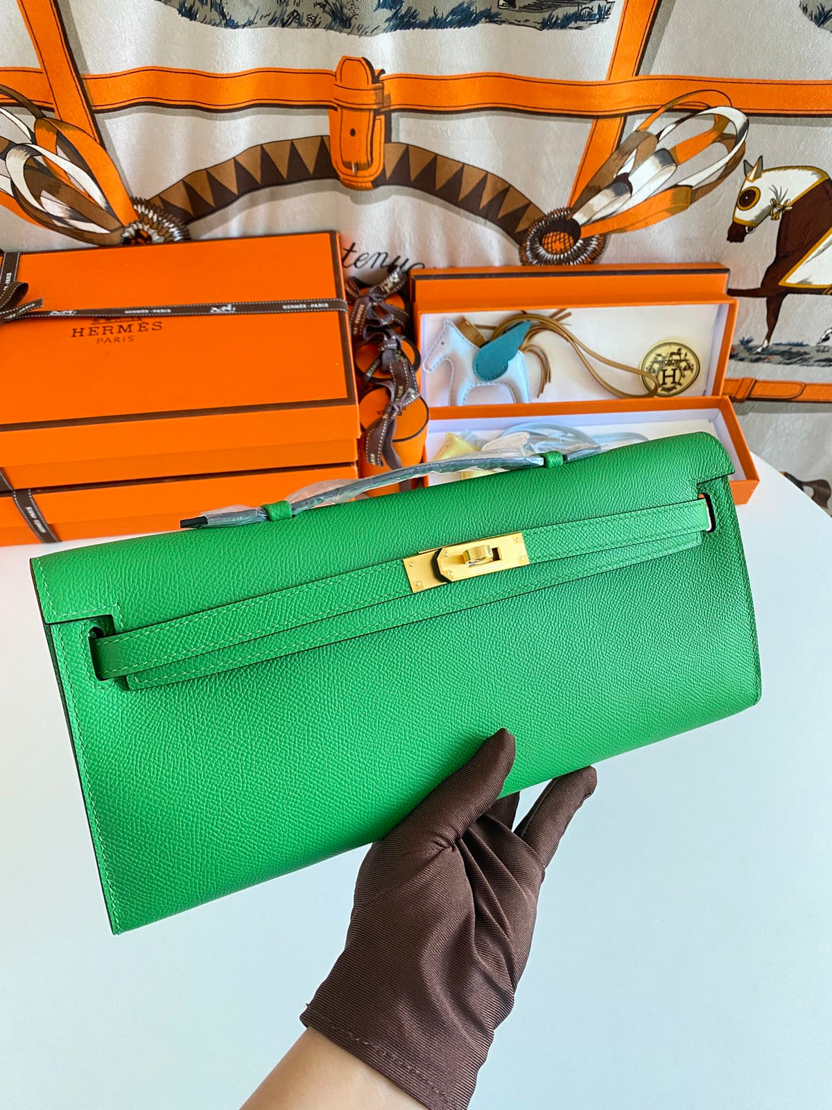 Hermès Kelly Cut Clutch Bag Menthe Green Swift Leather with Gold Hardware