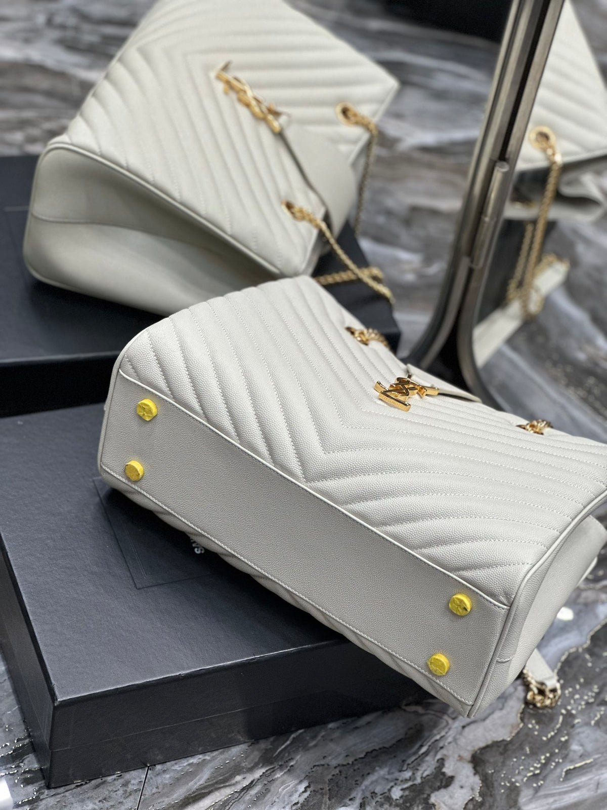 Luxury Quilted Leather Chevron Tote Bag - Cream White Shoulder Bag with Gold Chain Straps