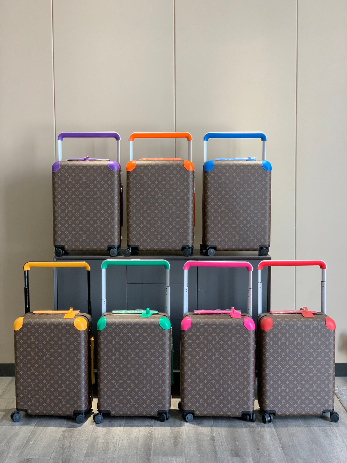 Retro Brown Monogram Spinner Suitcase with Blue Leather Trim