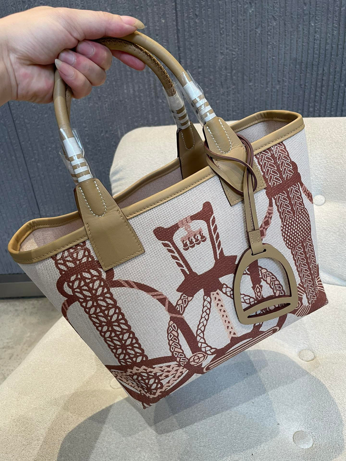 Equestrian Print Canvas Mini Tote Bag with Stirrup Charm