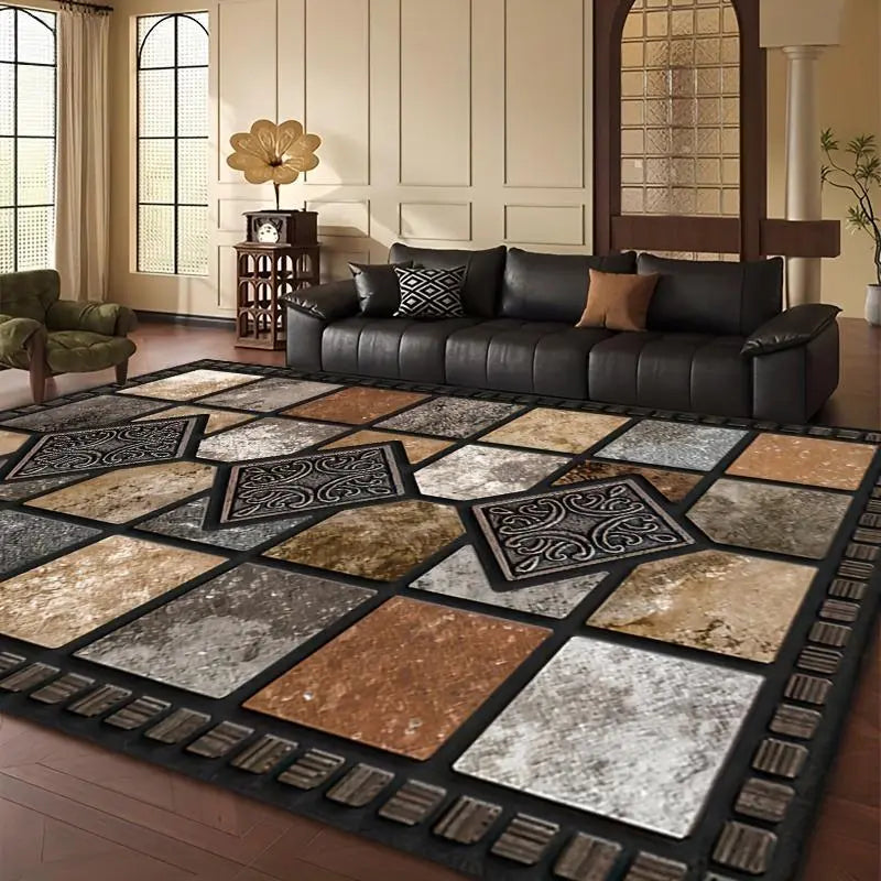 Patchwork Tile Print Area Rug, Black Border