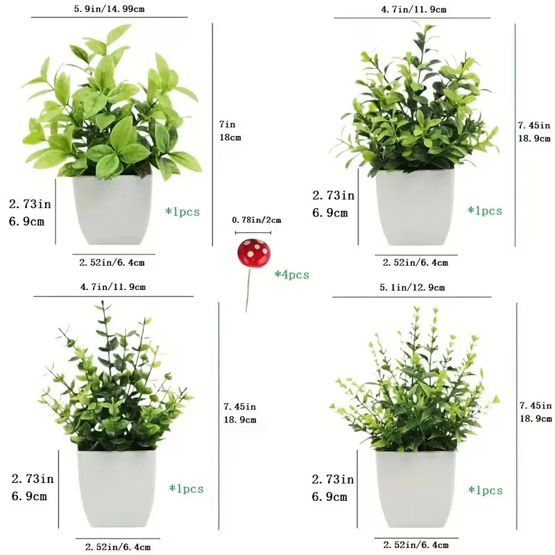 Four Artificial Green Plants in White Square Pots