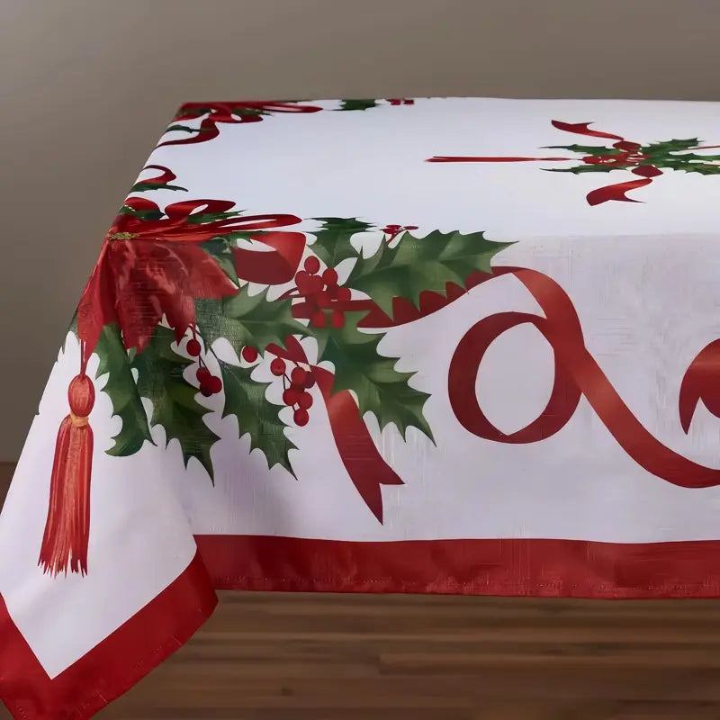 White Rectangular Tablecloth with Red Ribbon and Holly Print