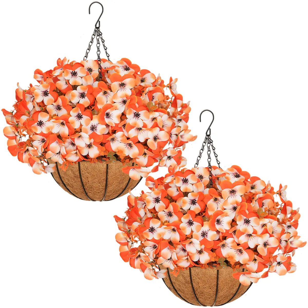 Pair of Orange Flower Hanging Baskets with Coco Liners