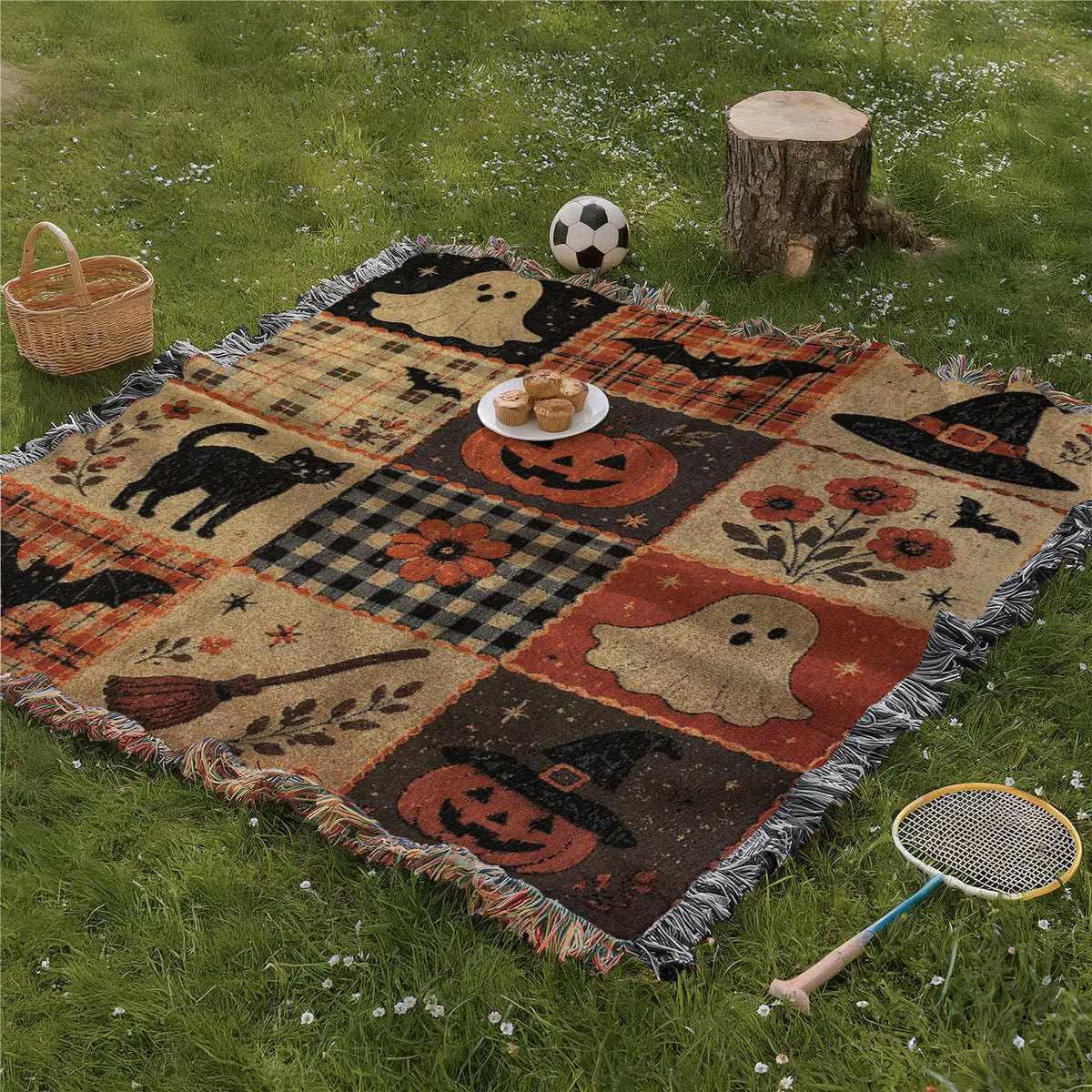 Woven Fringed Blanket with Patchwork Autumn Motifs