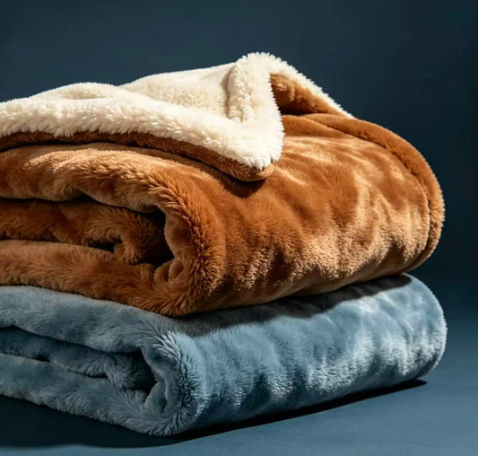Plush Fleece Throw Blankets in Caramel and Slate Blue