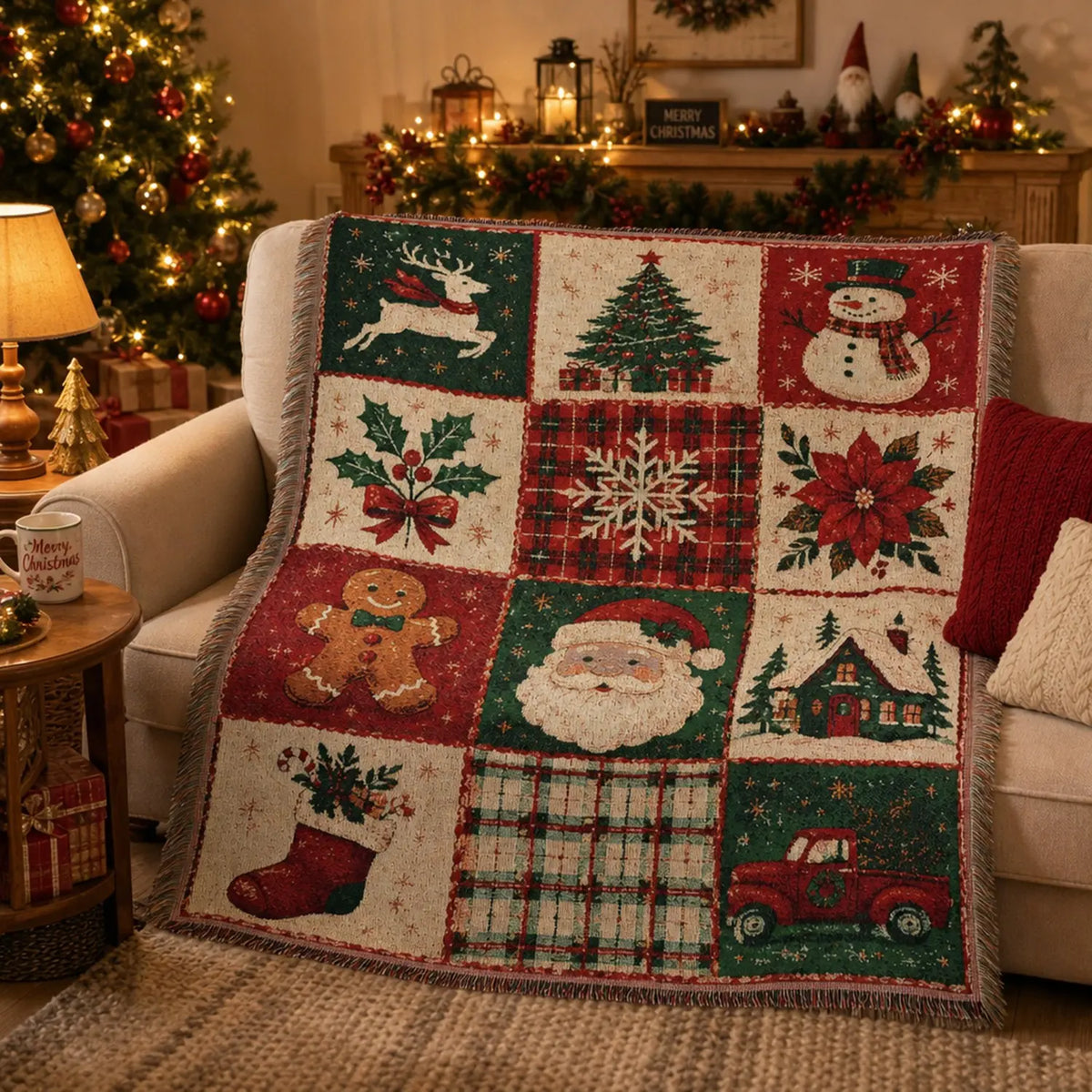 Woven Throw Blanket with Holiday Patchwork Squares