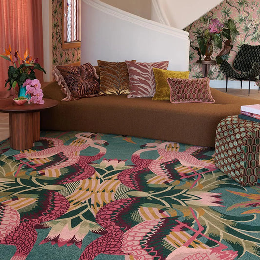 Teal Area Rug with Pink Flamingo and Leaf Pattern