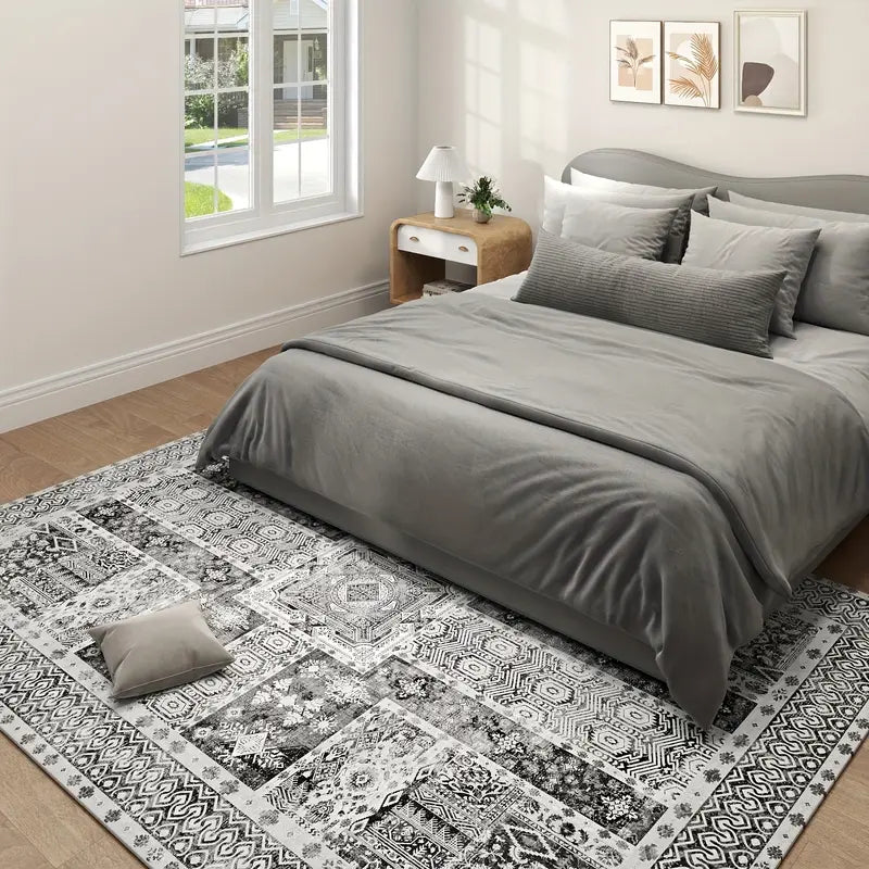 Faded Brown Patterned Area Rug with Fringe-Free Edge