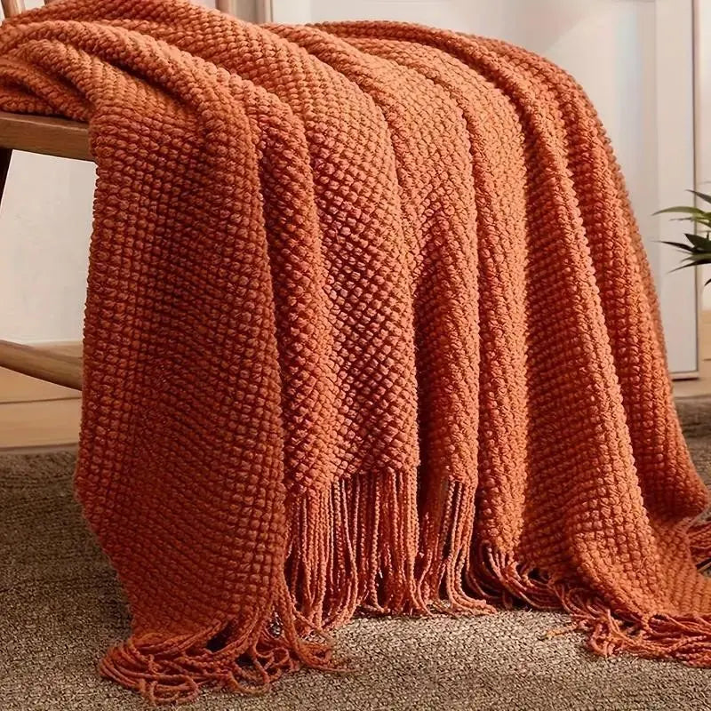 Rust Orange Knit Throw with Long Fringe
