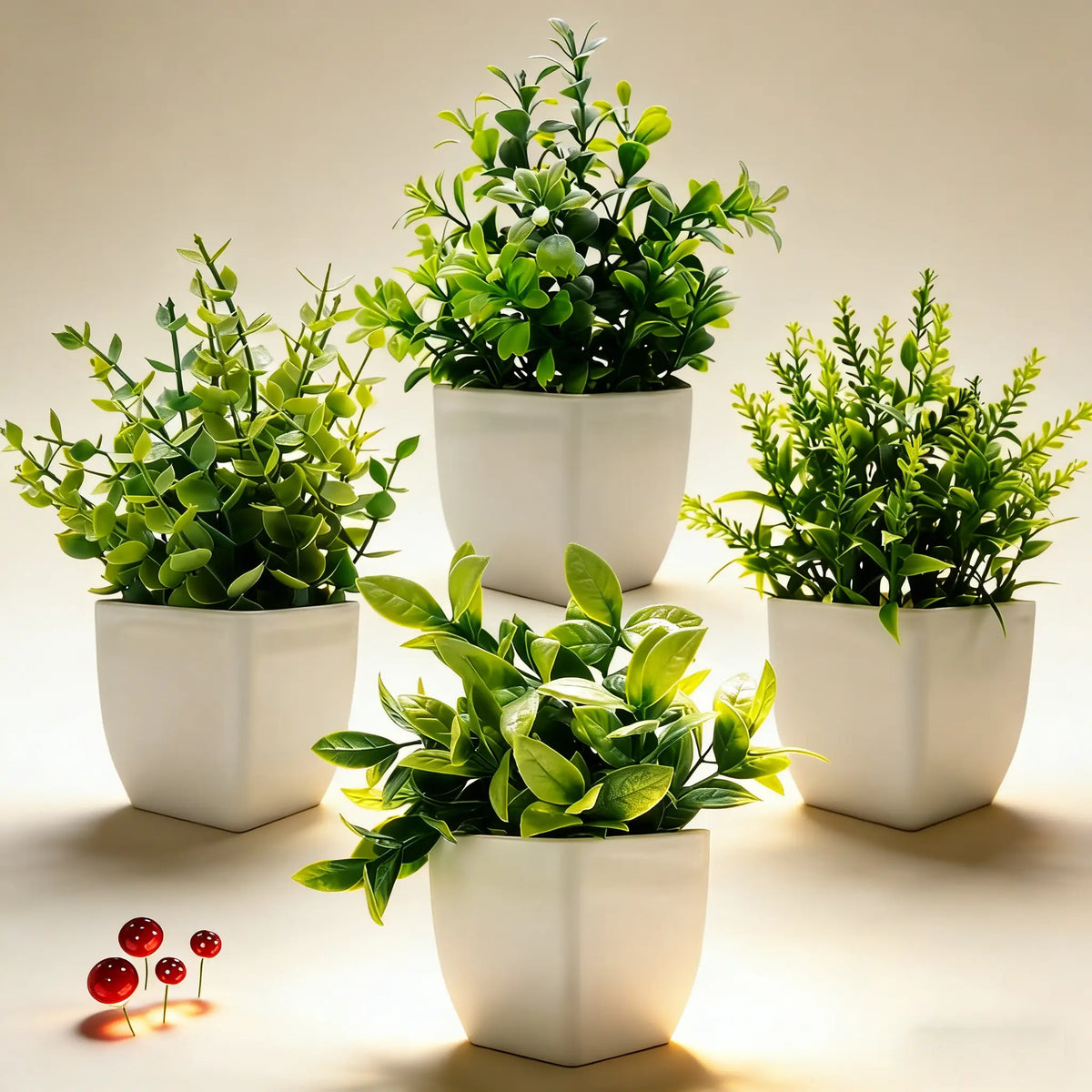 Four Artificial Green Plants in White Square Pots