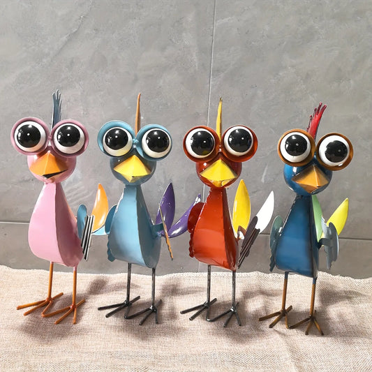 Colorful Painted Metal Bird Figurines Set