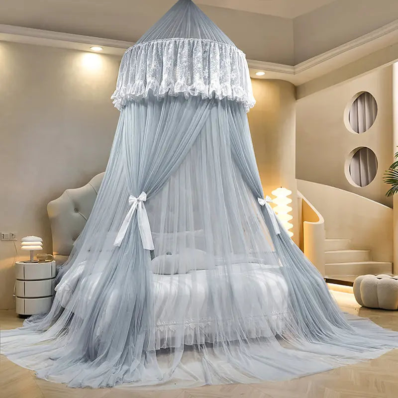 White Lace Dome Bed Canopy With Mesh Drape