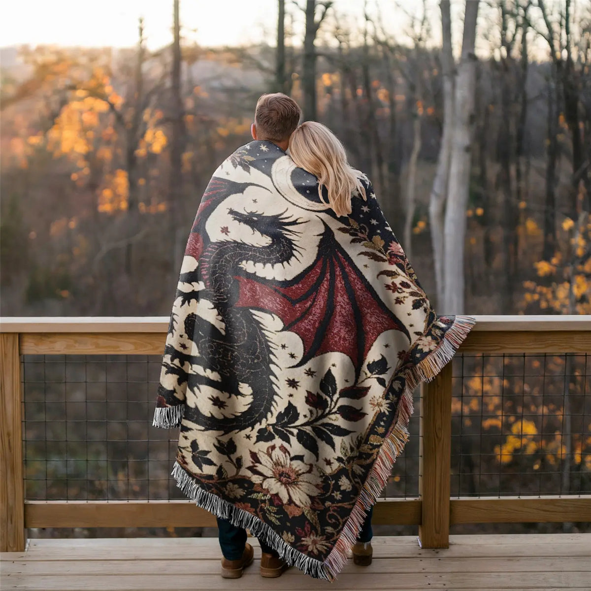 Woven Dragon Pattern Throw Blanket with Fringe