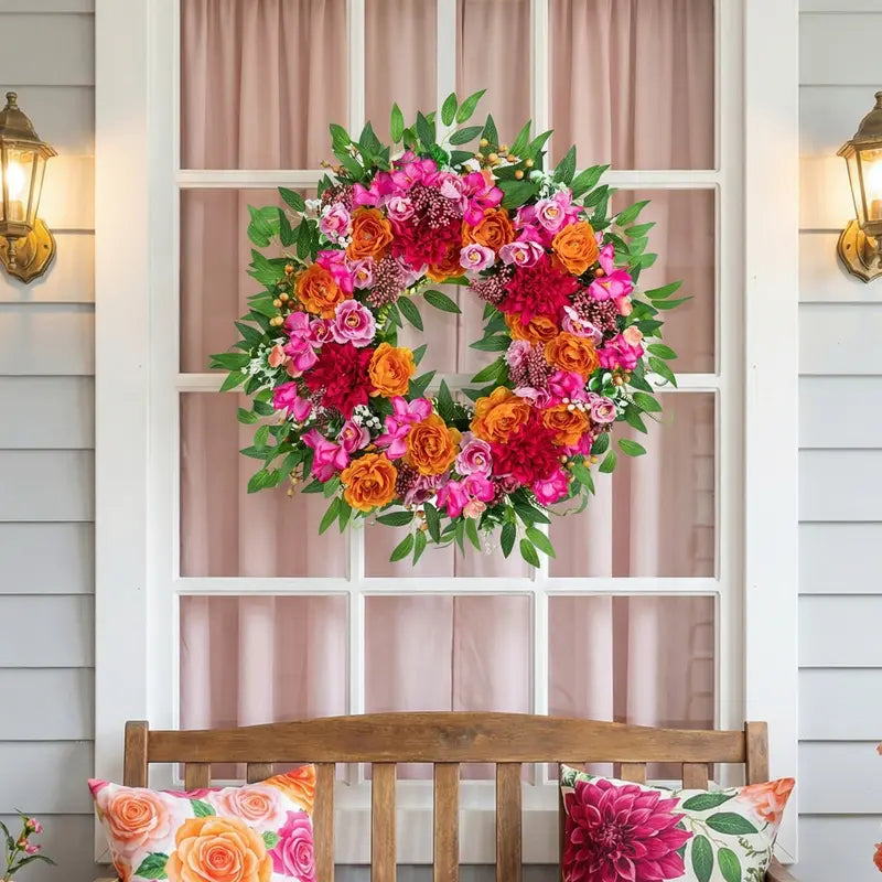 Round Pink and Orange Faux Flower Door Wreath