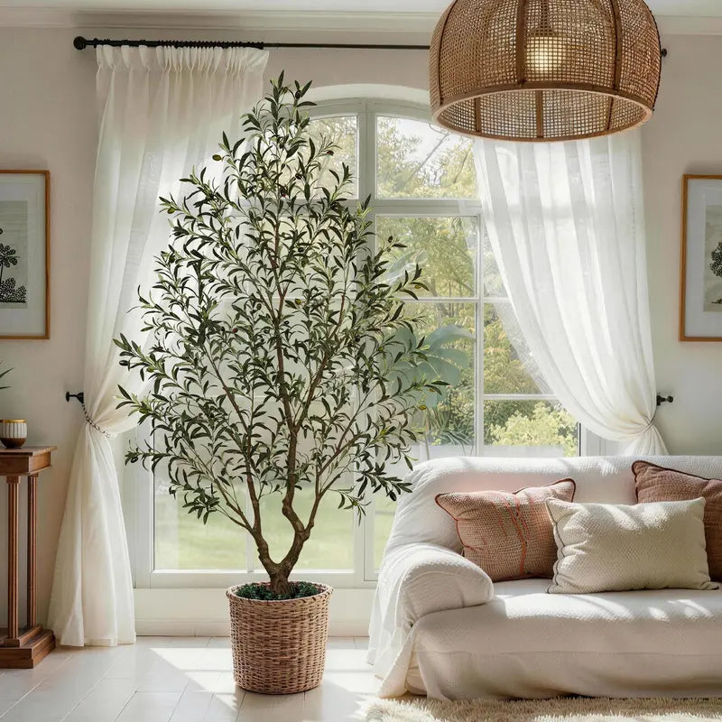 Tall Artificial Olive Tree in White Round Pot