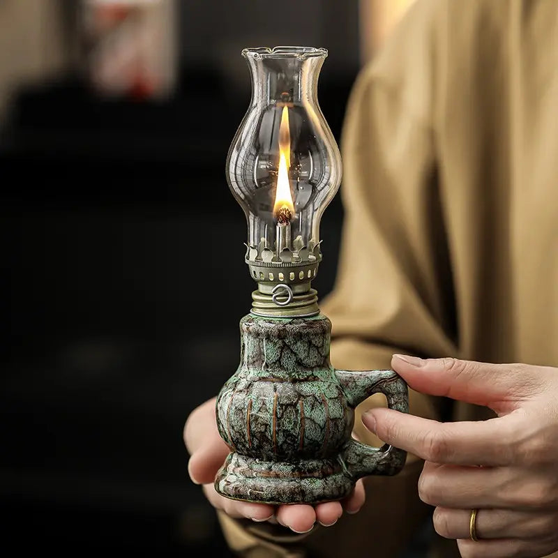 Green Glazed Ceramic Oil Lamp with Glass Chimney