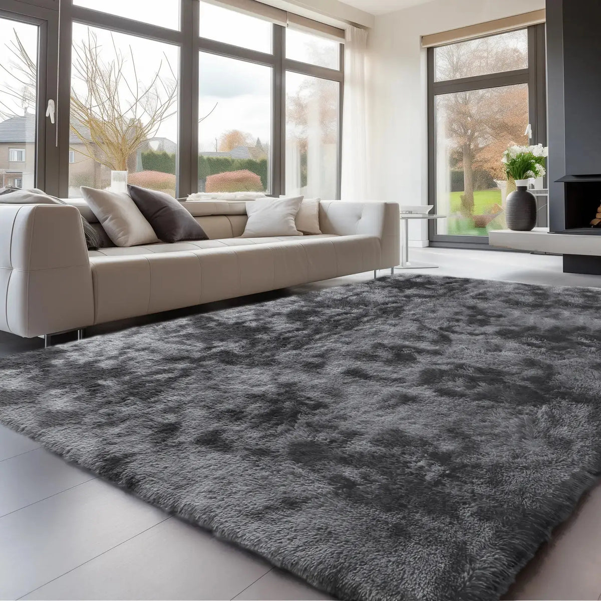 Charcoal Black Shaggy Rectangular Area Rug