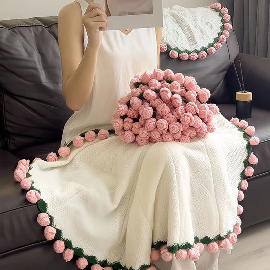 Cream Knit Throw With Pink Rose Edging
