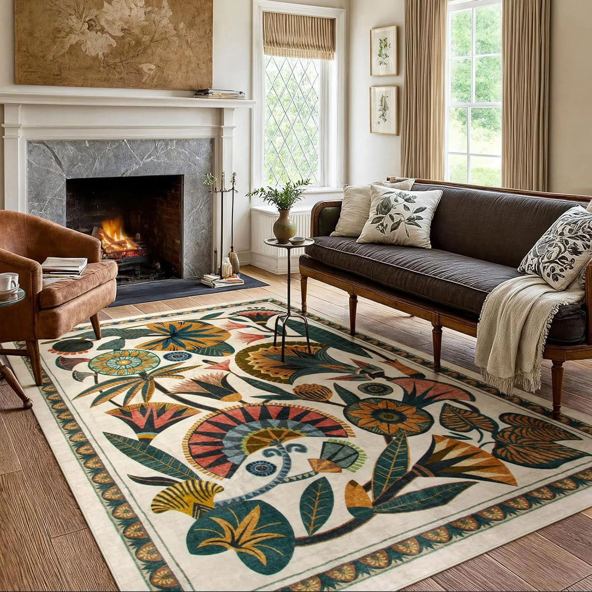 Rectangular Area Rug with Large Floral Pattern