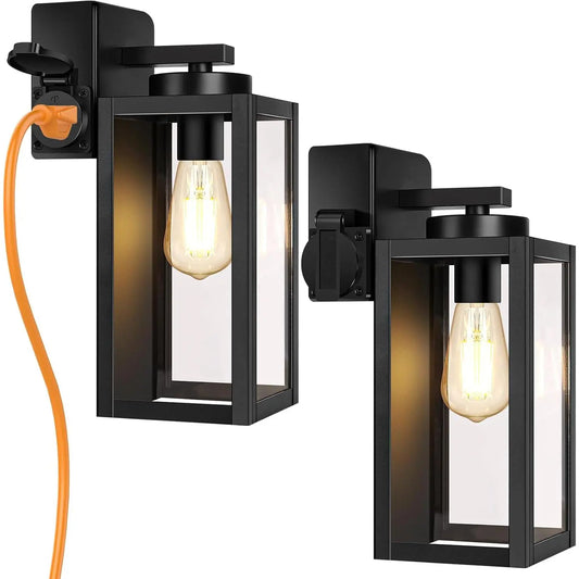 Black Metal Lantern Wall Lights With Built-In Outlet