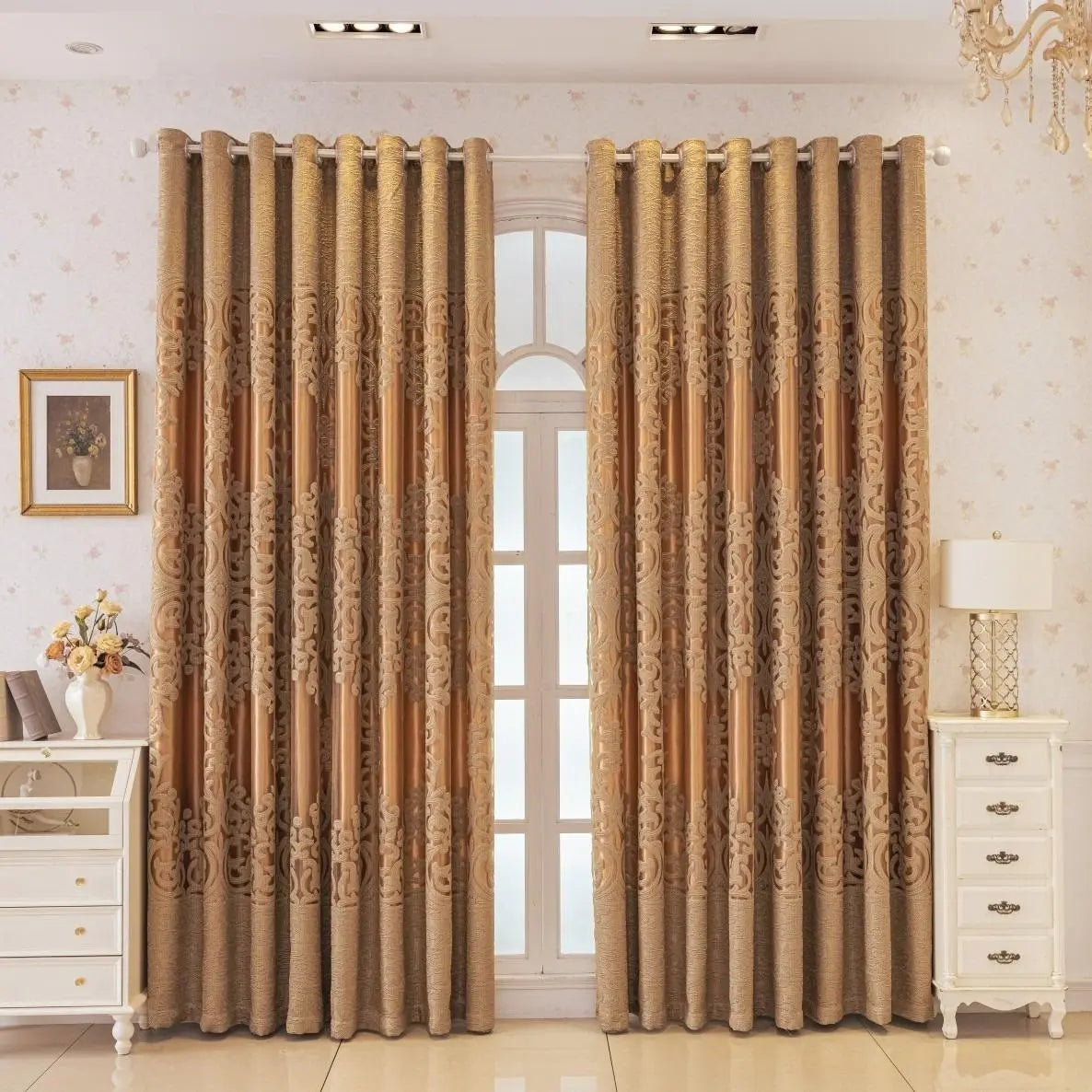 Gold Embroidered Curtains with Sheer Layer and Swag Valance