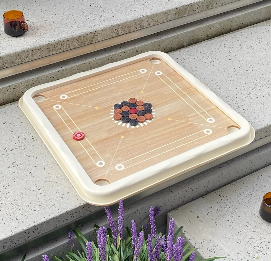 Square Wooden Carrom Board With Cream Frame and Coins
