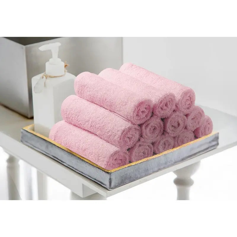 Pink Cotton Terry Hand Towels Stacked Set