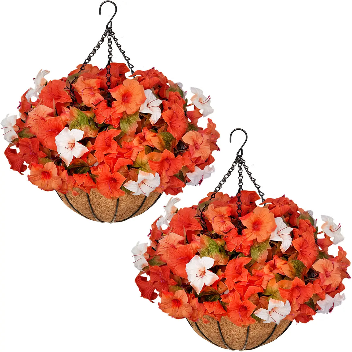 Two Hanging Baskets with Orange Artificial Petunias