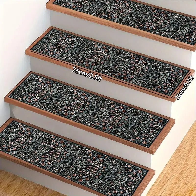 Green Floral Pattern Stair Tread Mat Set