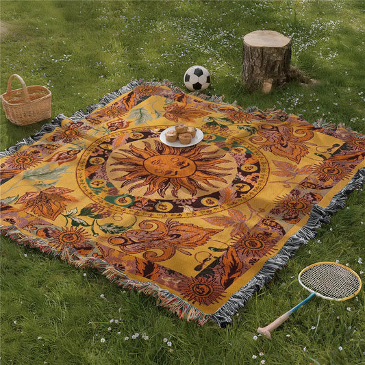 Woven Sun Pattern Fringed Throw Blanket in Gold