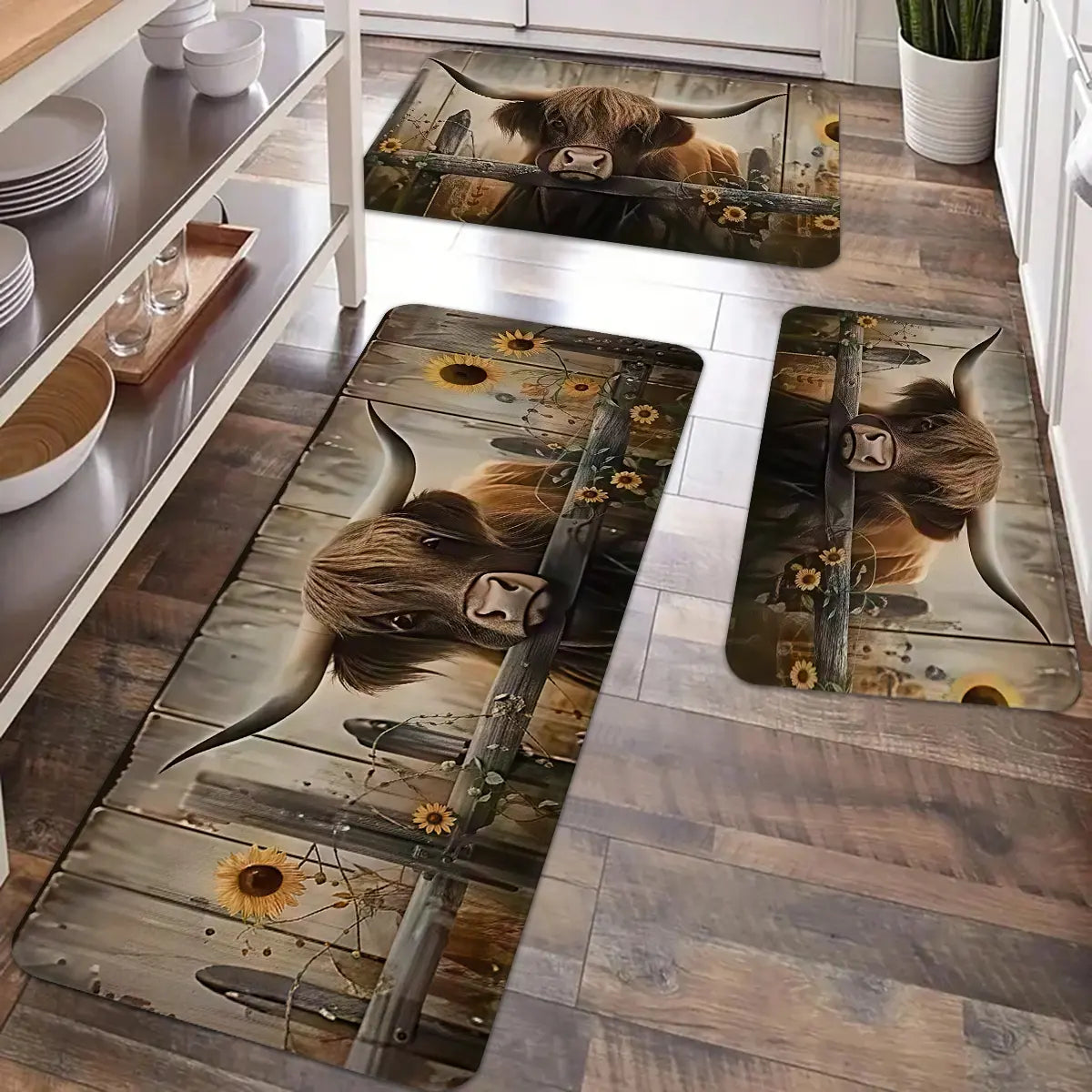 Highland Cattle Print Kitchen Floor Mat Set