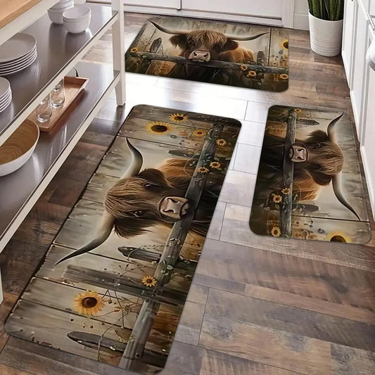 Highland Cattle Print Kitchen Floor Mat Set