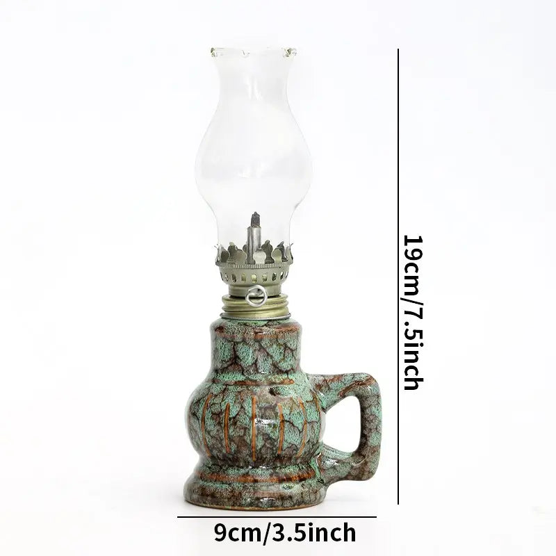 Green Glazed Ceramic Oil Lamp with Glass Chimney