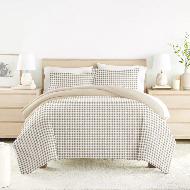 Gray and White Gingham Duvet Cover Set