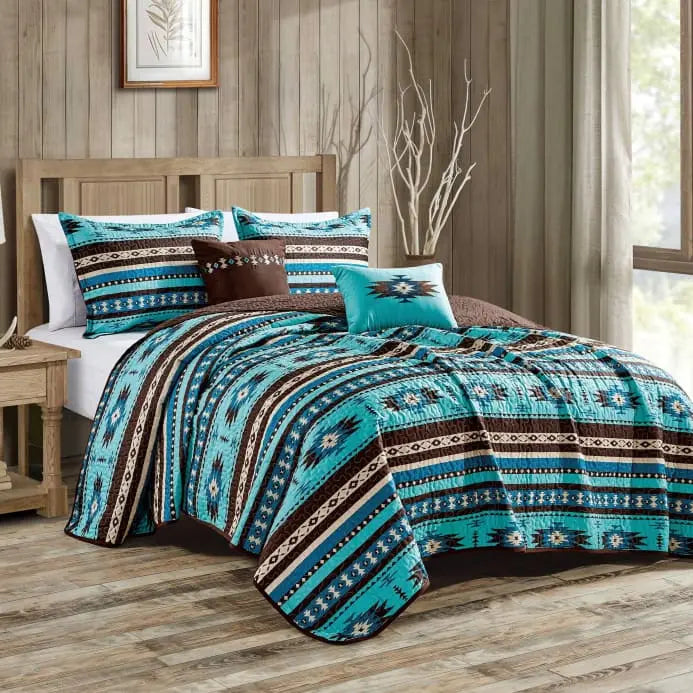 Turquoise and Brown Geometric Quilt Set with Pillows