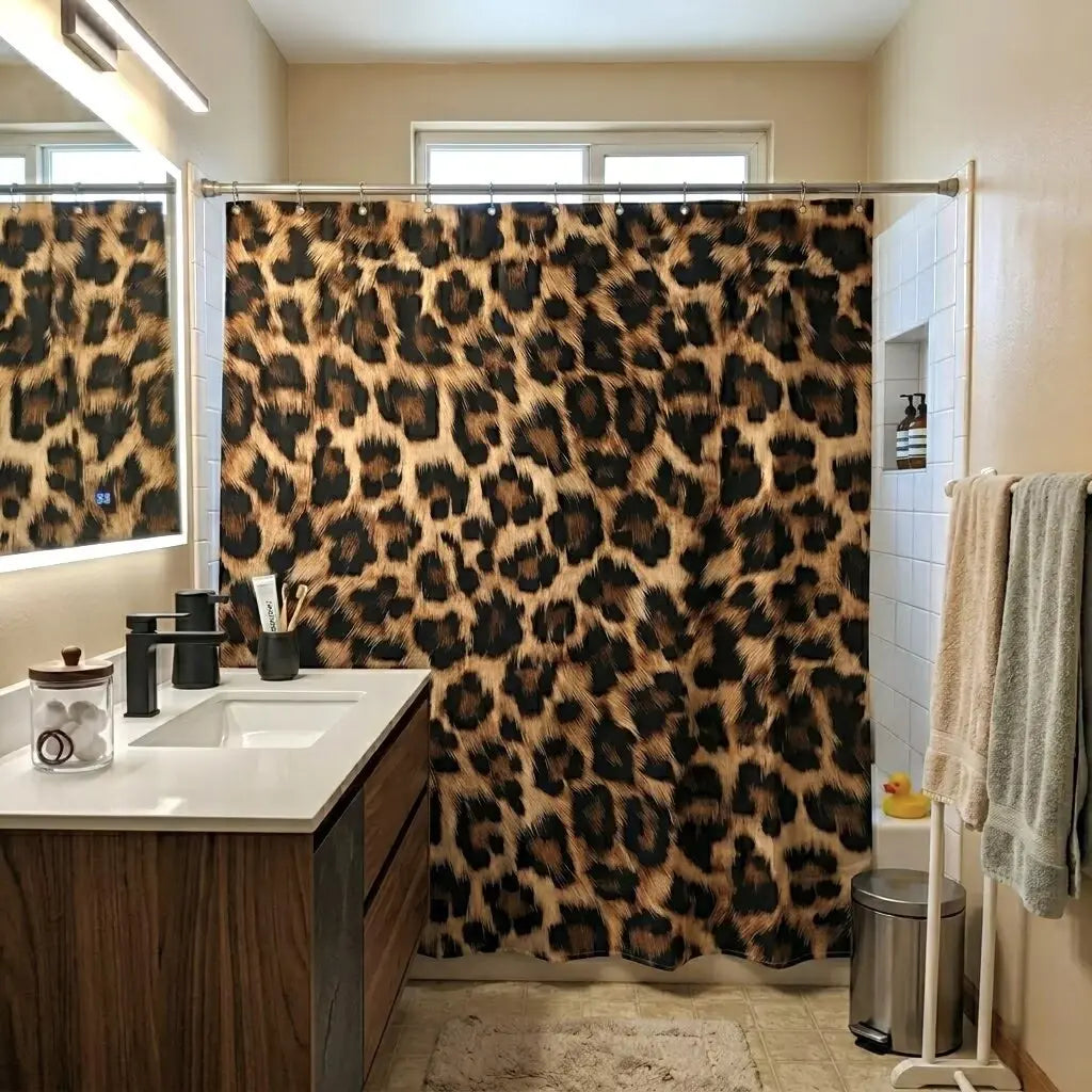 Leopard Print Fabric Shower Curtain with Hooks