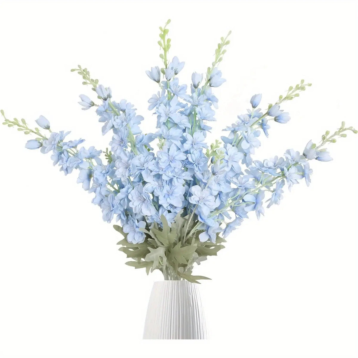 Light Blue Artificial Delphinium Stems in White Vase